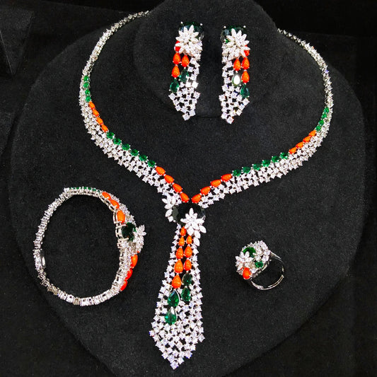 Romantic 4PCs Multicolor Crossover Statement Jewelry Sets For Women Wedding5A Zircon Indian African Dubai Bridal Necklace