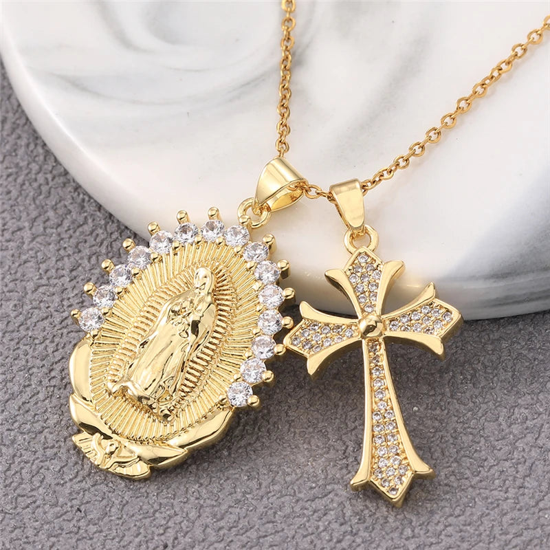 Multiple styles copper Necklace zircon Golden circular Cross Virgin Mary Pendent Necklaces For Charm Women Birthday Jewelr