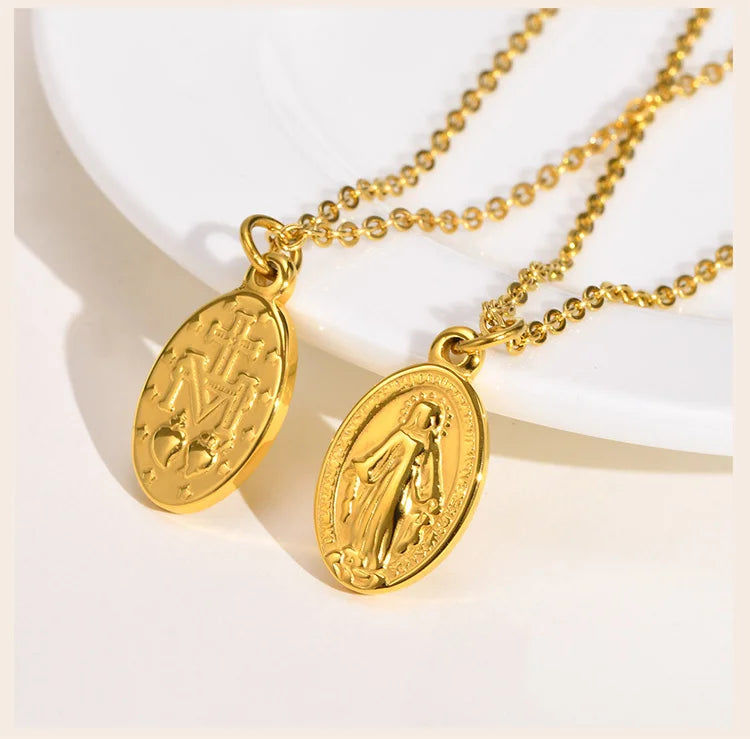 Women Necklace Virgin Mary Guadalupe Charm Pendant, Stainless Steel Jewelry