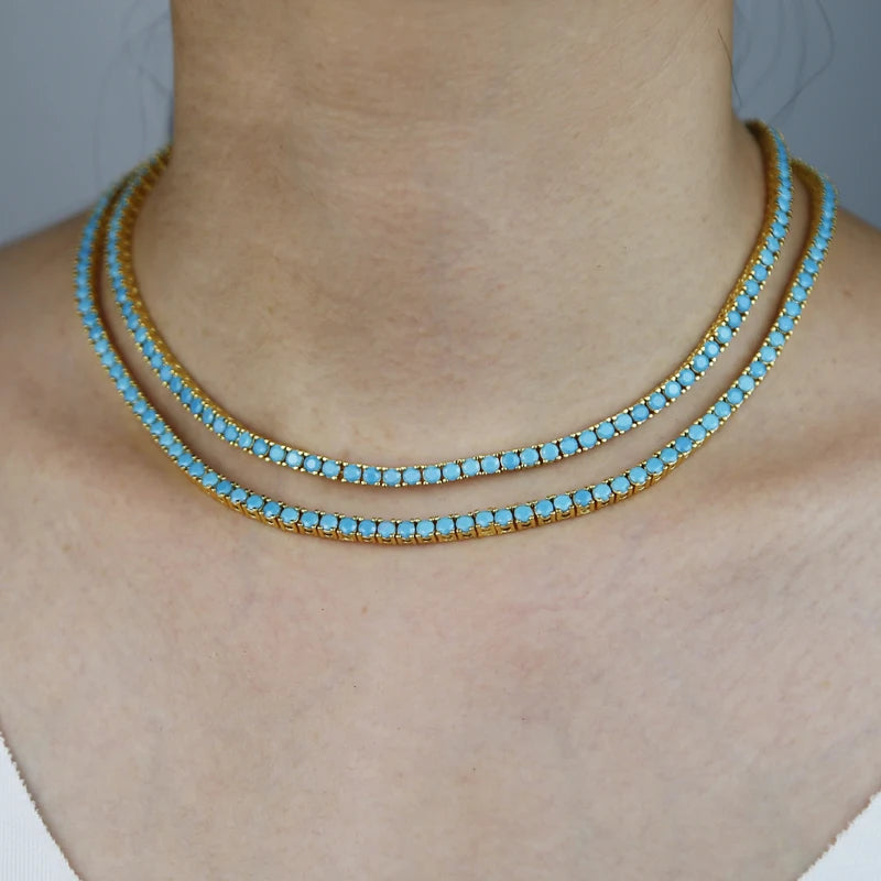 2024 New Gold Color Bling 3mm Turquoises Paved Tennis Chain Necklace Mirco Pave CZ Charm Blue Stone Fashion Women Choker Jewelry