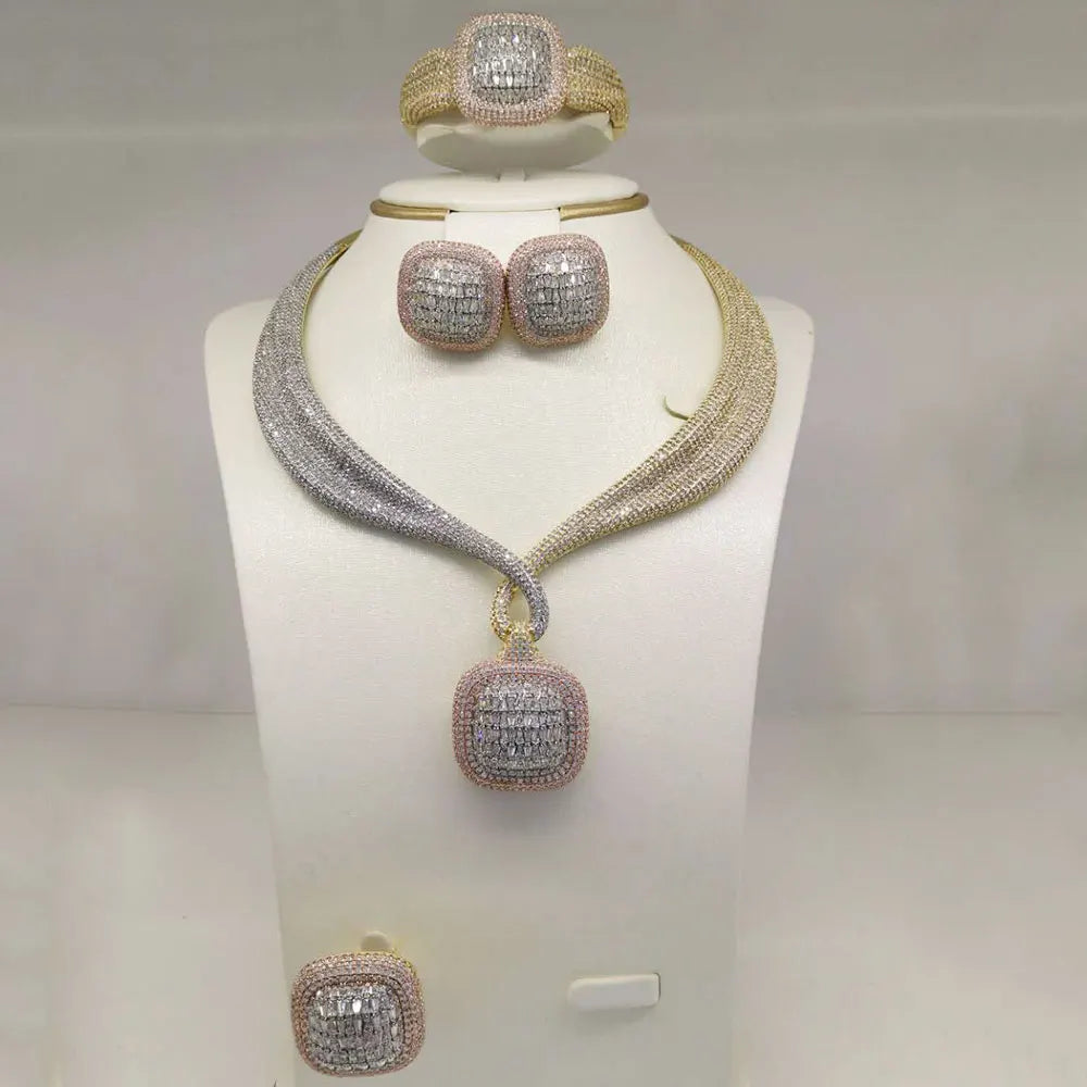 Trendy 4PCS Luxury Cubic zircon Statement Jewelry sets For Women Wedding Cubic Zircon Indian African Dubai Bridal Necklace