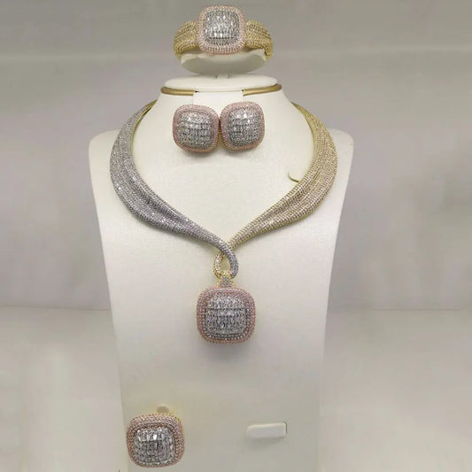 Trendy 4PCS Luxury Cubic zircon Statement Jewelry sets For Women Wedding Cubic Zircon Indian African Dubai Bridal Necklace
