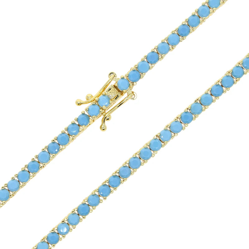 2024 New Gold Color Bling 3mm Turquoises Paved Tennis Chain Necklace Mirco Pave CZ Charm Blue Stone Fashion Women Choker Jewelry