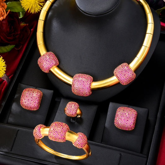 Original DUBAI 4pcs Jewelry Sets Necklace Bangle Ring Earrings Luxury Gougeous Splicing Set For Women Wedding Party