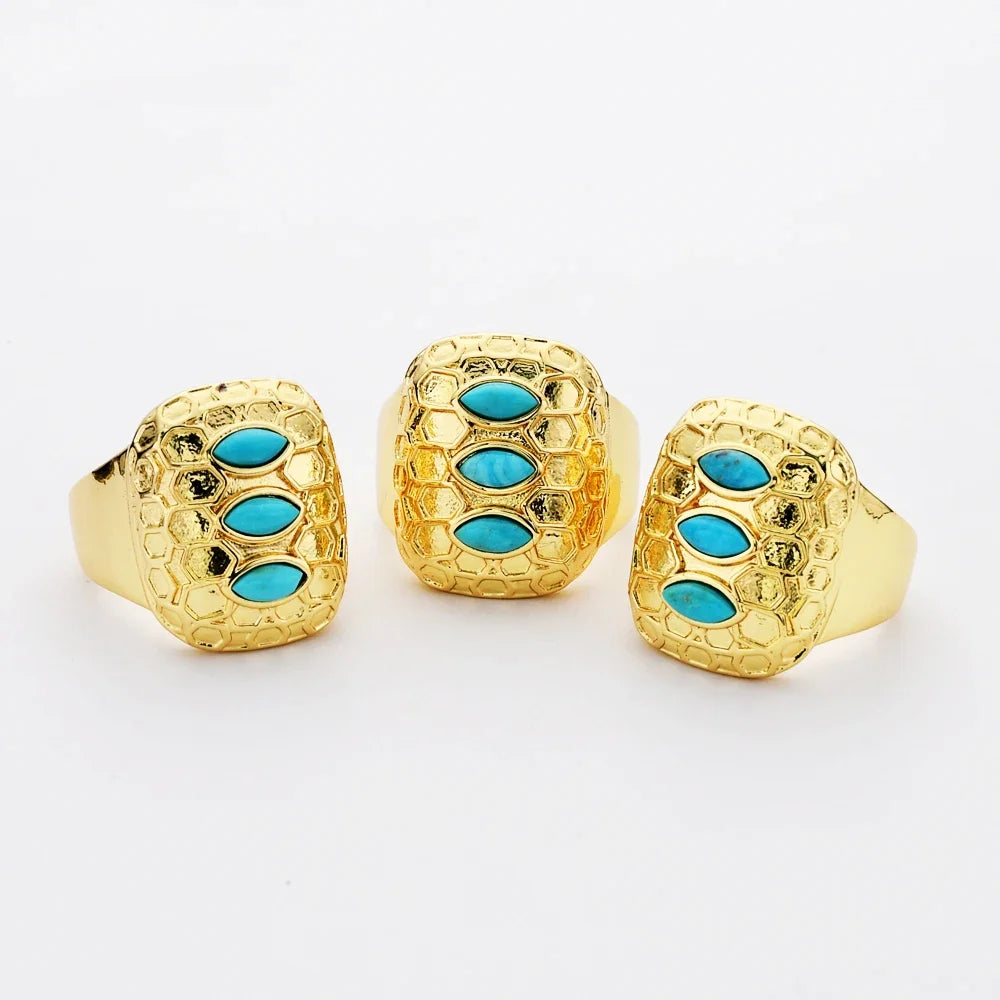 Golden Plated Adjustable Open Rings Natural Turquoise Stone Finger Ring For Men Women Trendy Hip Hop Jewelry Accessories