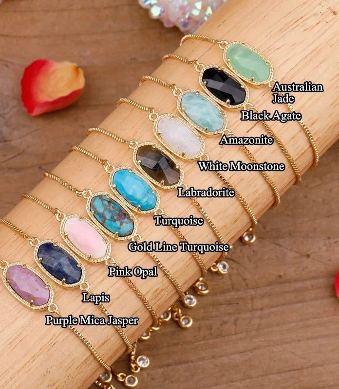Natural Lapis Amazonite Black Agates Oval Beads Gold Chains Bracelet Women Pink Quartz Crystal Beads Simple Bracelet Jewelry