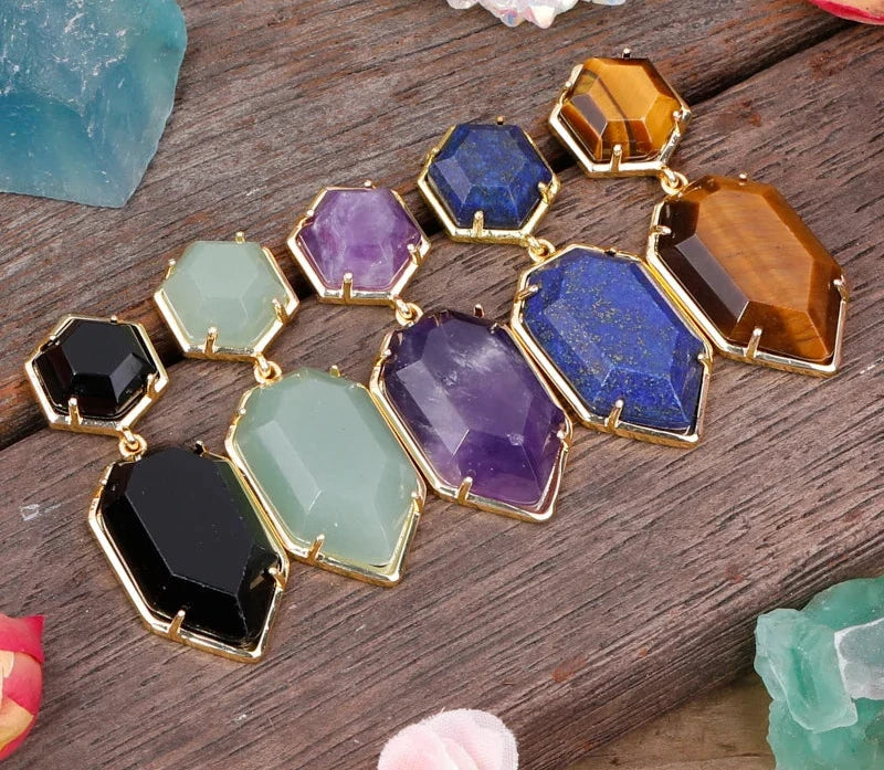 Trendy Gem Stone Dangle Earrings For Women Fashion Bold Lapis Obsidian Amethysts Crystal Stud Earring Natural Stone Jewelry