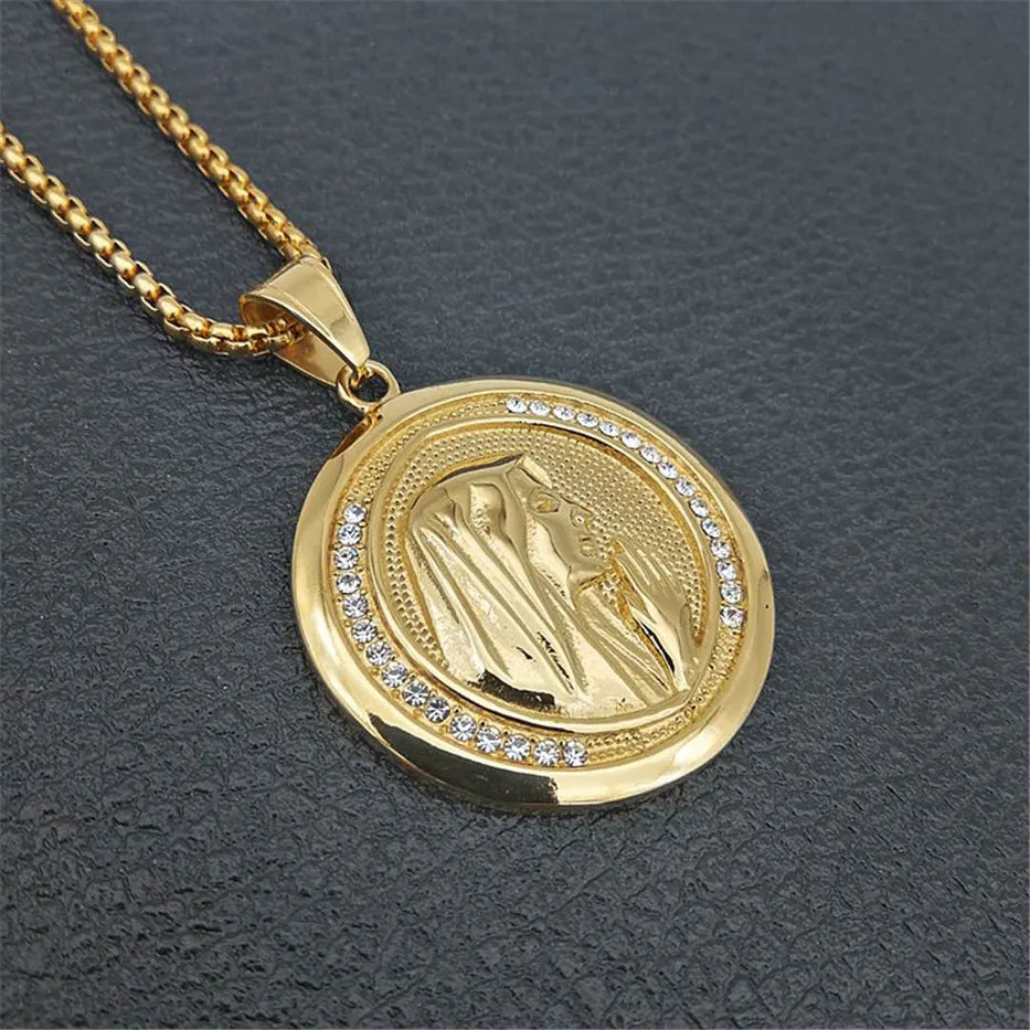 Big Round Virgin Mary Pendant Necklace For Women Men Gold Color Madonna Necklace Religious Christian Stainless Steel Jewelry