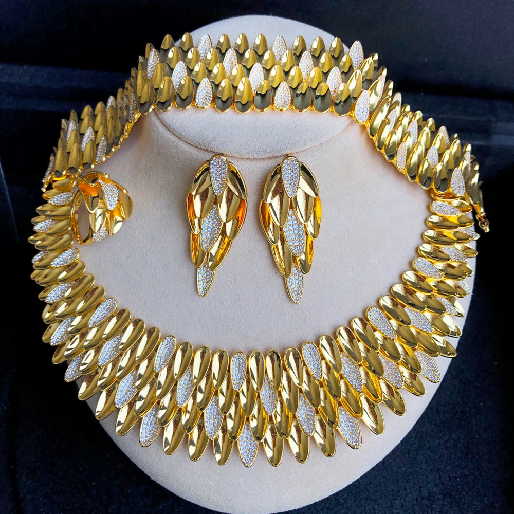 BIG Fashion 4PCS Luxury 4 Layers Smooth Feather African Jewelry Set For Women Wedding Dubai Bridal Jewelry Set Indian 2021