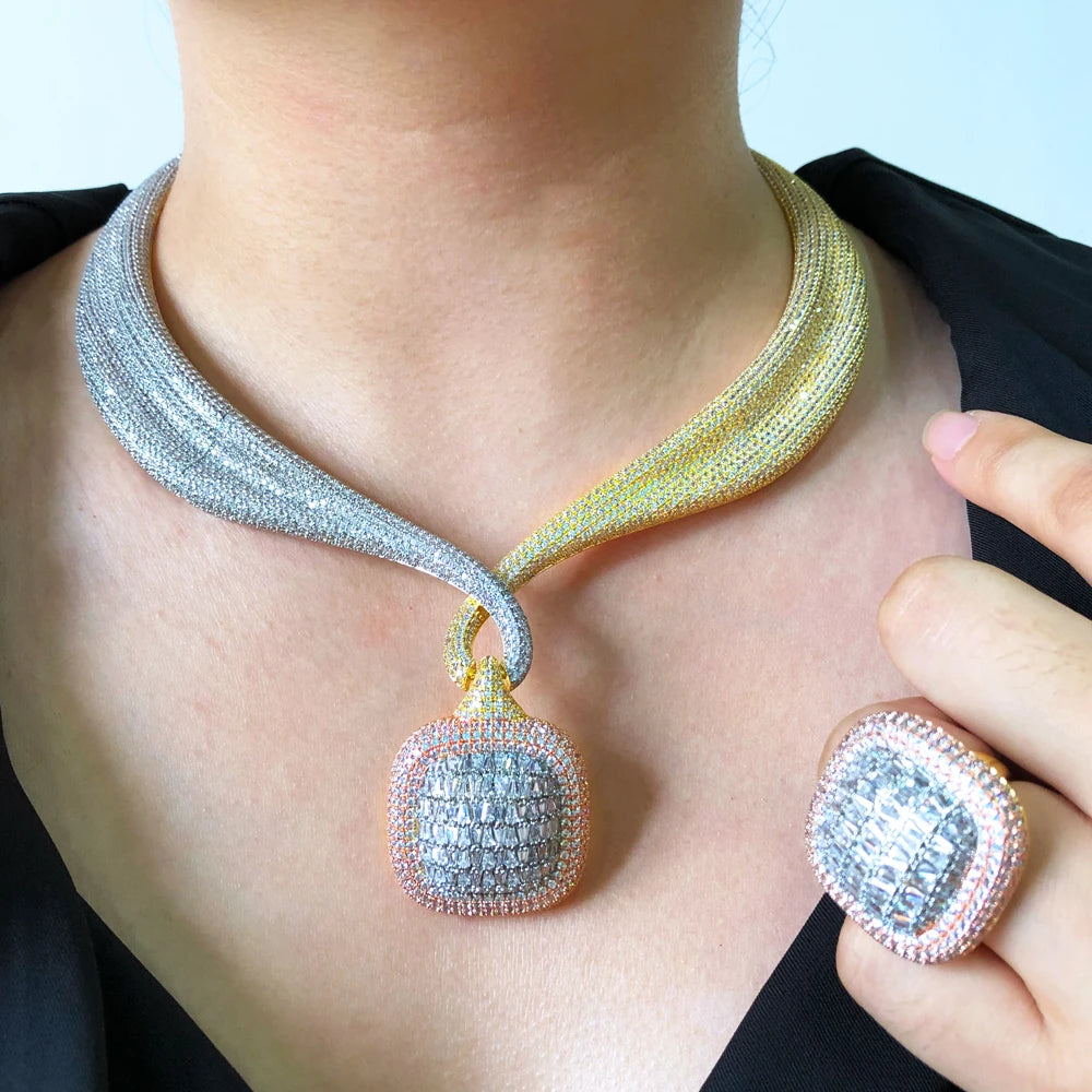 Trendy 4PCS Luxury Cubic zircon Statement Jewelry sets For Women Wedding Cubic Zircon Indian African Dubai Bridal Necklace