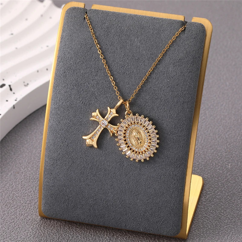 Multiple styles copper Necklace zircon Golden circular Cross Virgin Mary Pendent Necklaces For Charm Women Birthday Jewelr