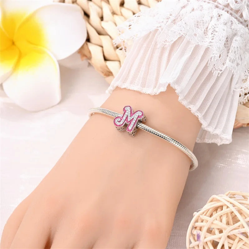 925 Sterling Silver Romantic Pink 26 Letters DIY Love Charms Beads Fit Pandora 925 Original Bracelets Fine Birthday Jewelry Gift