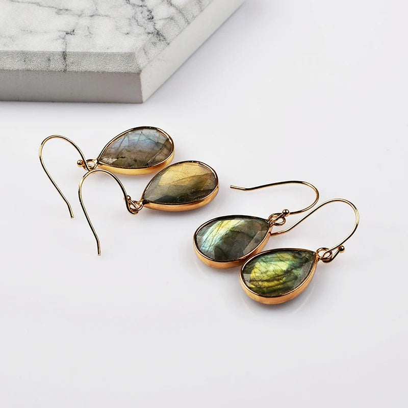 Delicate Water Drop Crystal Labradorite Faceted Charms Dangle Earrings Druzy For Women Girls Wedding Party Jewelry Gifts