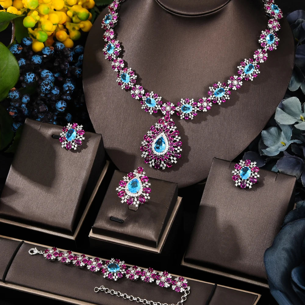 Famous Brand 4PCS Ruby CZ Luxury African Jewelry Set For Women Wedding Party Zircon Crystal Dubai Bridal Jewelry Set Gift