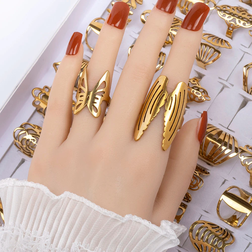 20pcs/lot Women's Fashion Stainless Steel Big And Small Hollow Cut Jewelry Rings Mix Love Flower Heart Style For Party Gift