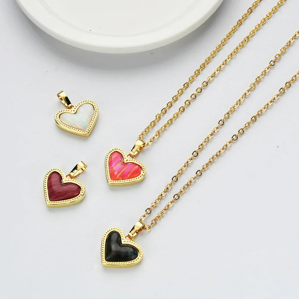 Mix Color Golden Plated Heart Pink Opal Multi-kind Natural Stone Pendant For Women Earrings Necklaces Accessories