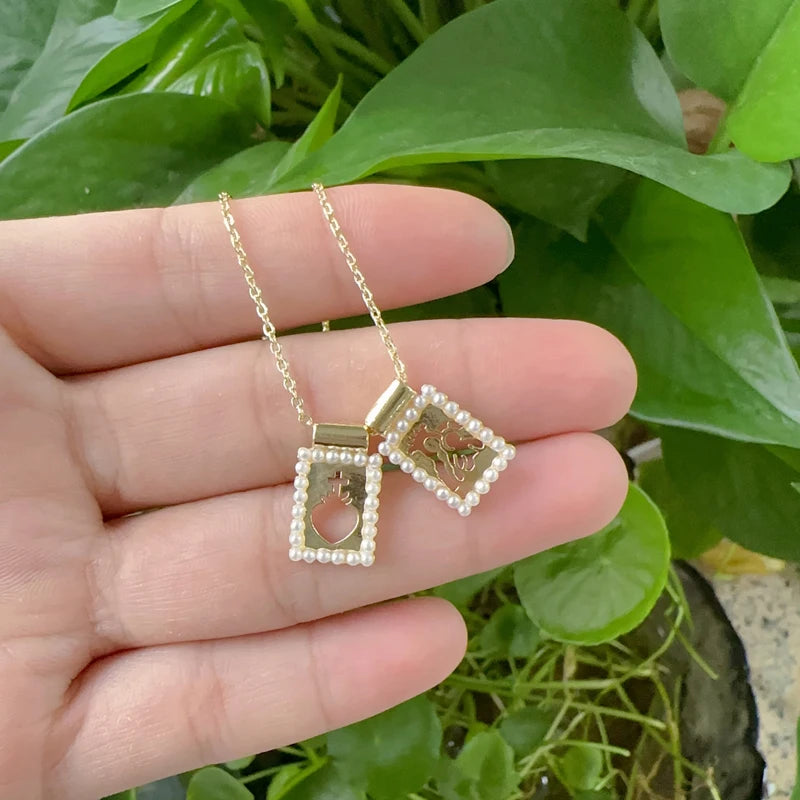 5 pcs/lot New Design Fashion Pendant Necklace Gold Plated Brass Pearl Thin Chain Hollow Pendant Necklaces Jewelry