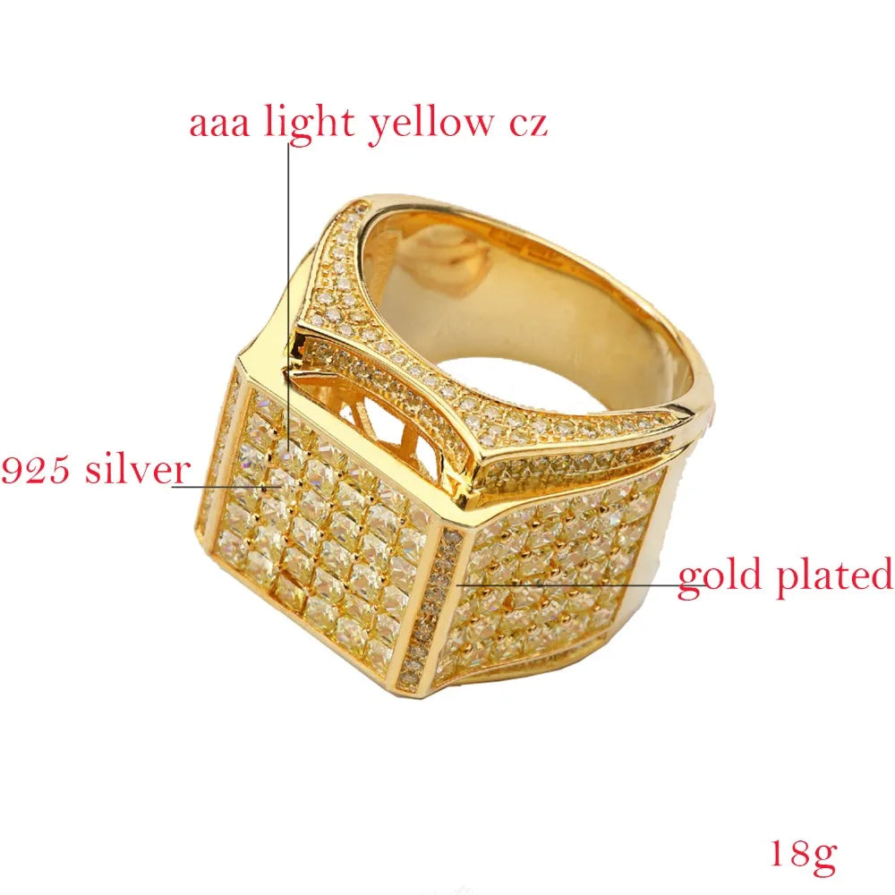 925 Sterling Silver Ring for Men Hip Hop Cubic Zirconia Ice Out Rings Gold Plated Cuban Fine Jewelry Male Zircon