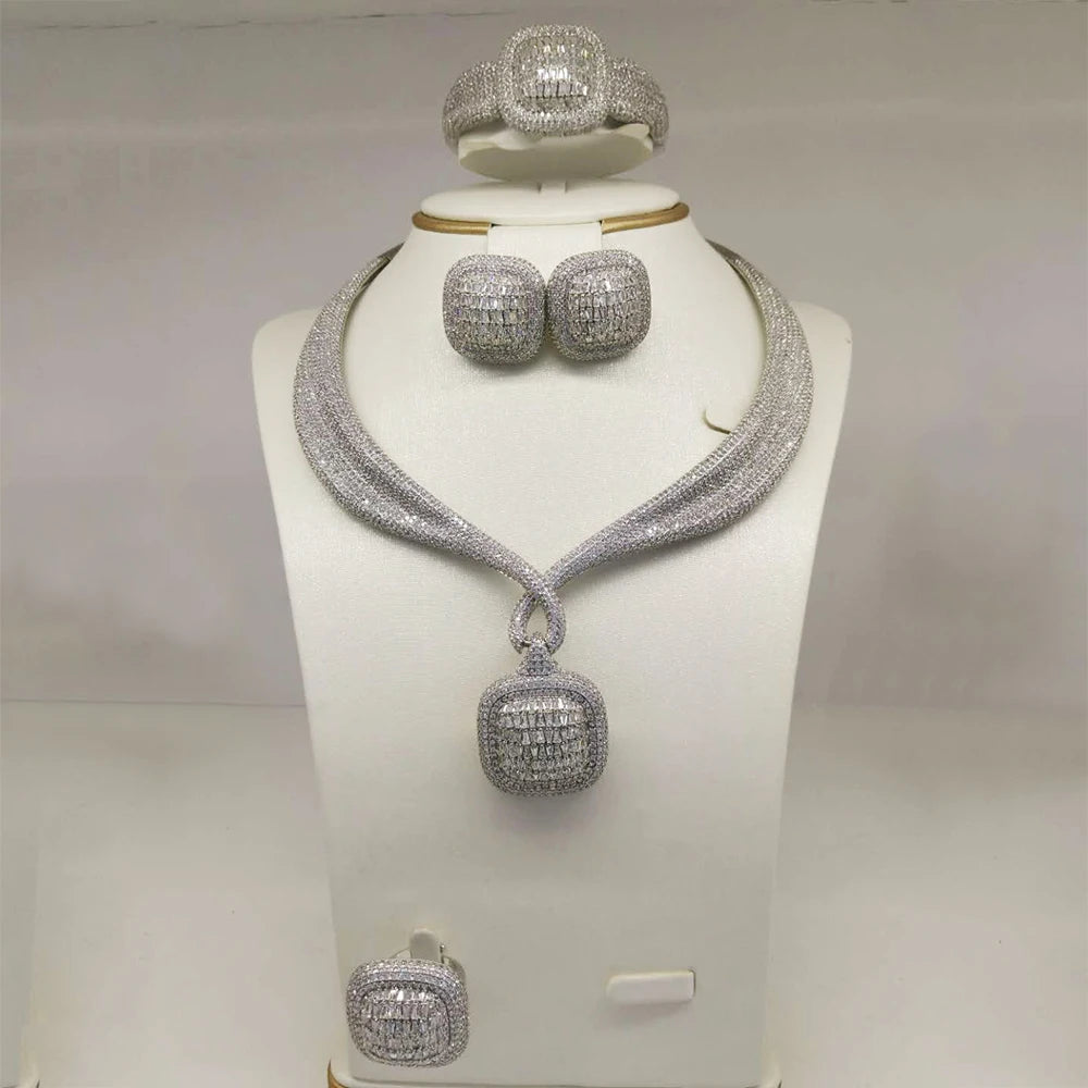 Trendy 4PCS Luxury Cubic zircon Statement Jewelry sets For Women Wedding Cubic Zircon Indian African Dubai Bridal Necklace