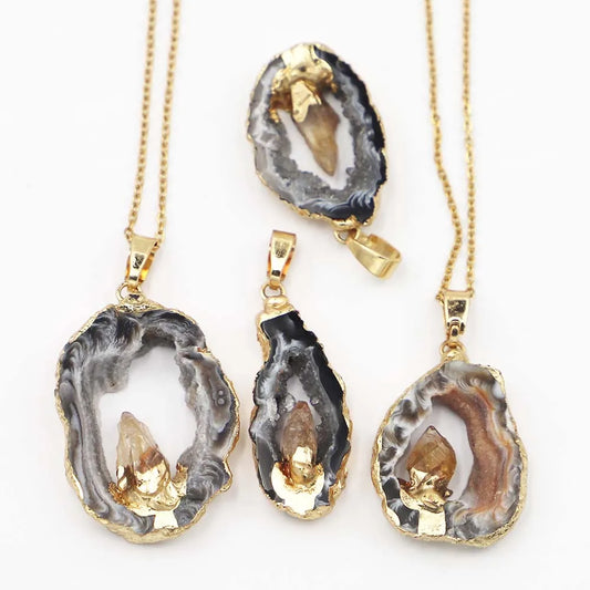 New Natural Stone Irregular Black Agate Druzy Topaz necklace for women Pendants Charms Healing Gemstone Halo Fashion Jewelry