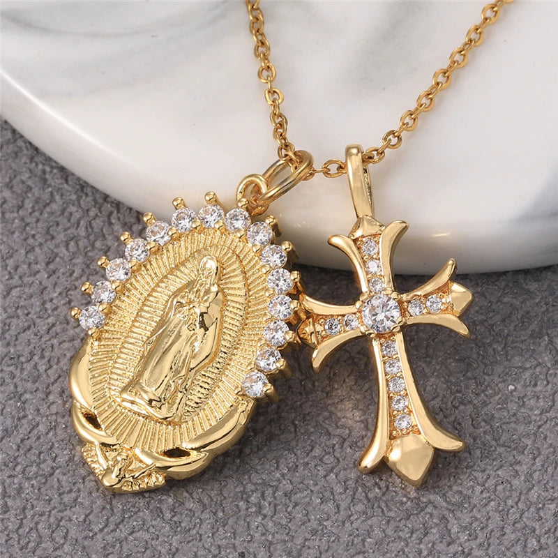 Multiple styles copper Necklace zircon Golden circular Cross Virgin Mary Pendent Necklaces For Charm Women Birthday Jewelr