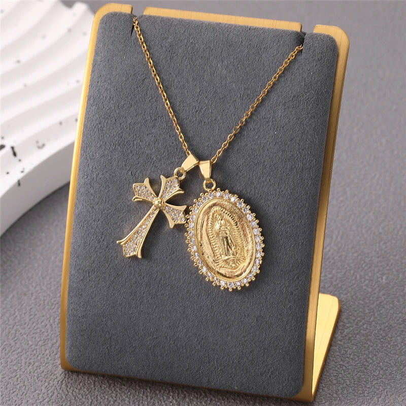 Multiple styles copper Necklace zircon Golden circular Cross Virgin Mary Pendent Necklaces For Charm Women Birthday Jewelr