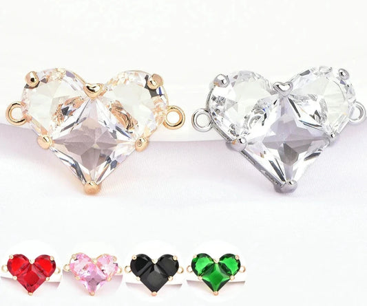 (7737) 26x18MM 24K Gold Color Brass with Zircon Heart Double Holes Pendants Connector High Quality Jewelry Making Findings