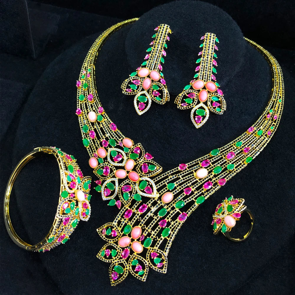 4PCS Pink Coral Luxury African Jewelry Set For Women Wedding Party Zircon Crystal Dubai Bridal Gifts