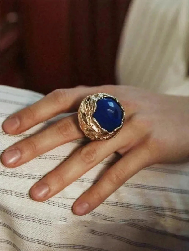 Retro  Agate Natural Stone Crystal Ring Gold Color Metal Open for Women Brass Jewelry 2024 Light Luxury European And American