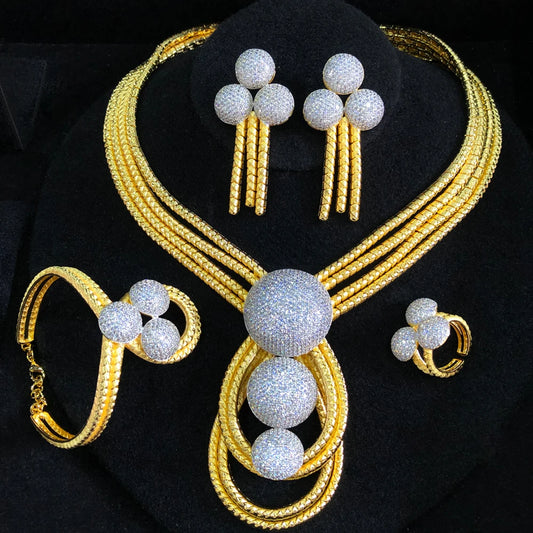 Luxury 4pcs Round Ball African Jewelry Sets Necklace Earring Bangle Ring Set For Women Wedding Jewelry Trendy HOT New 2024
