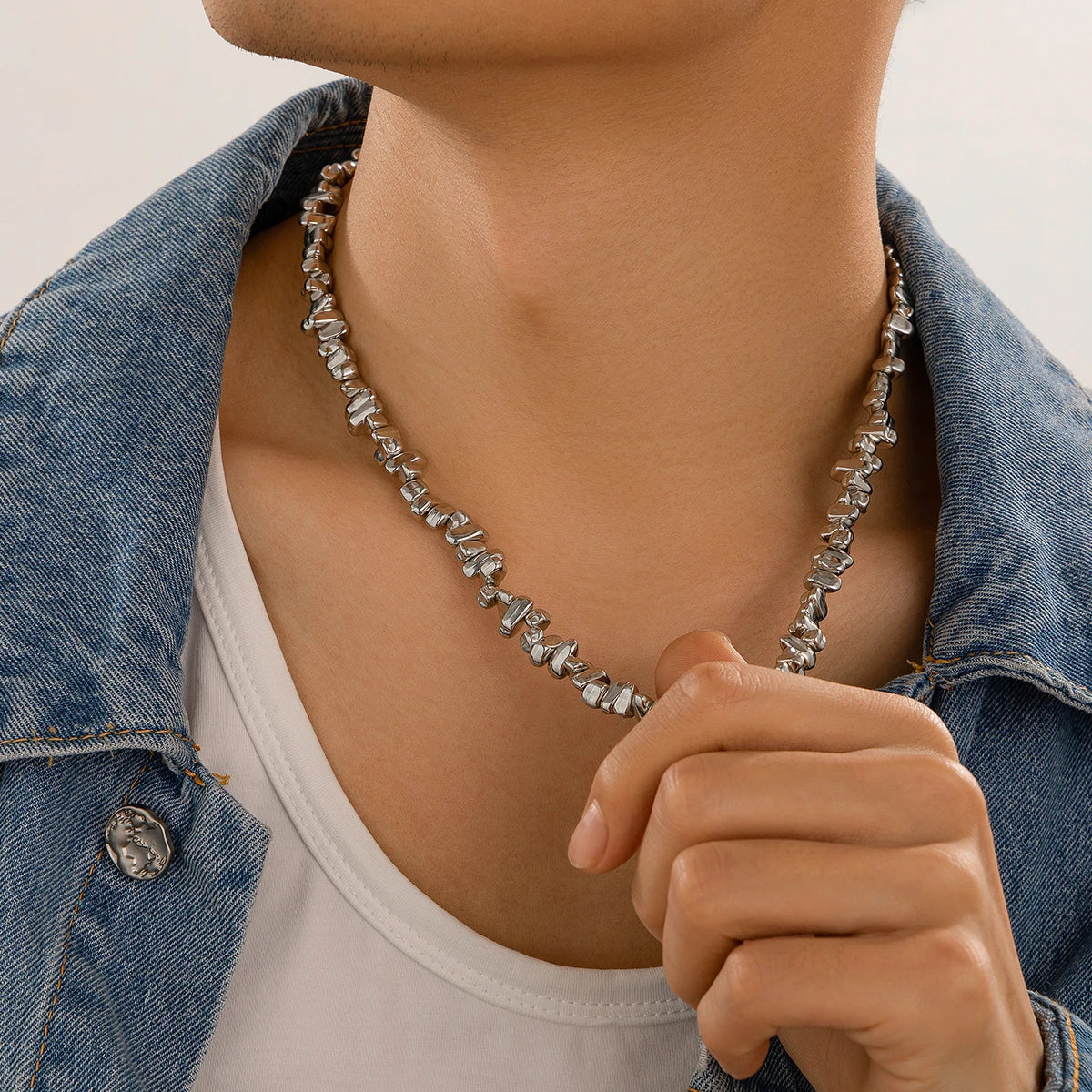 Hip Hop Irregular Beads Short Choker Necklace for Men Trend Silver Color CCB Beaded Collar Chain Male Jewelry on the Neck New