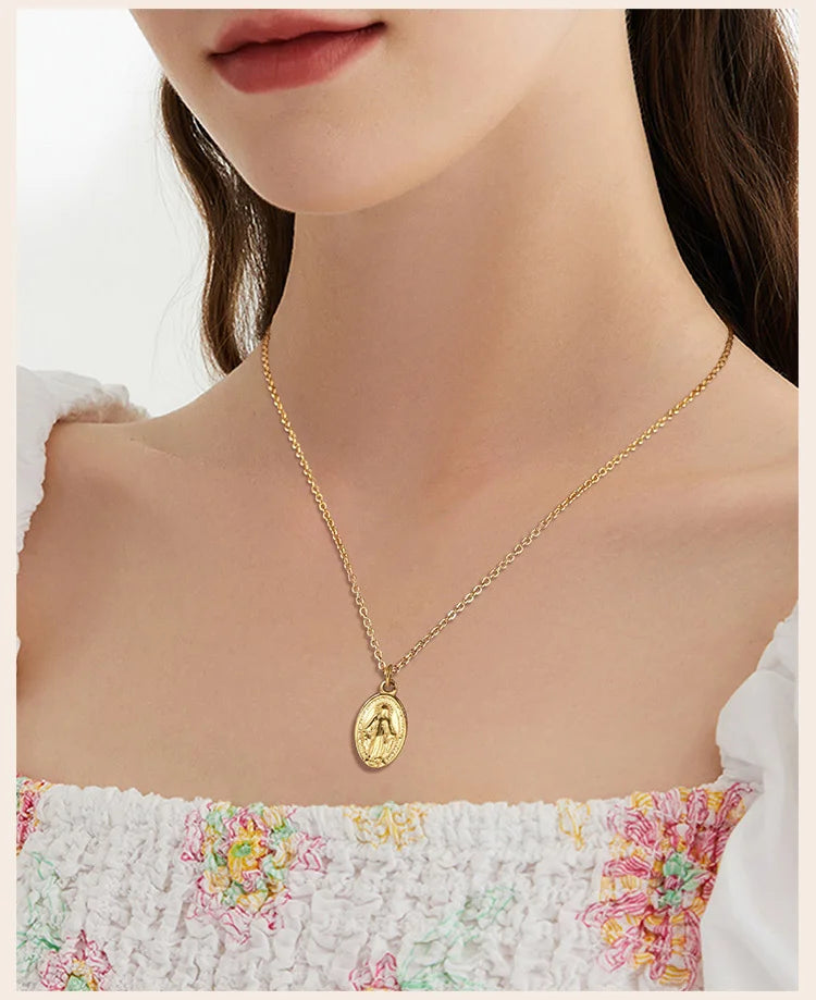 Women Necklace Virgin Mary Guadalupe Charm Pendant, Stainless Steel Jewelry