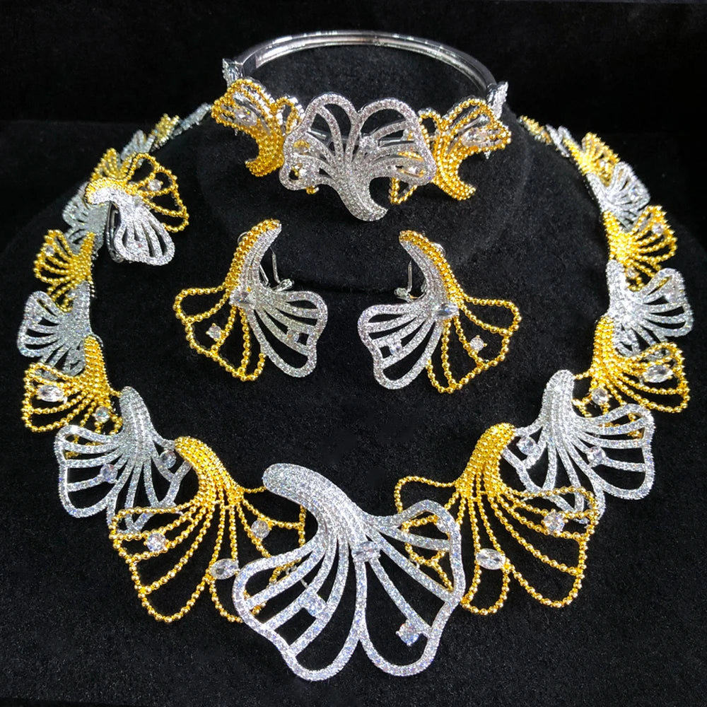 4PCS Leaf Flower Luxury African Jewelry Sets For Women Wedding Party Naija Bride Necklace Dubai Bridal Dress Jewelry