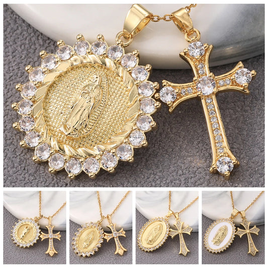 Multiple styles copper Necklace zircon Golden circular Cross Virgin Mary Pendent Necklaces For Charm Women Birthday Jewelr