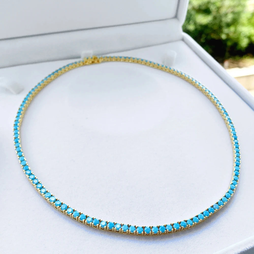 2024 New Gold Color Bling 3mm Turquoises Paved Tennis Chain Necklace Mirco Pave CZ Charm Blue Stone Fashion Women Choker Jewelry