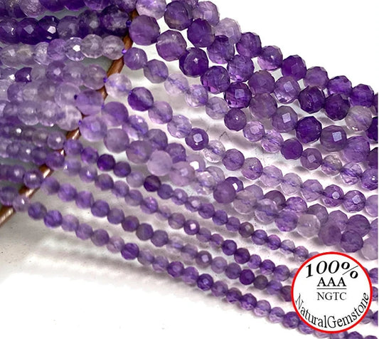 Fine 100% Natural Stone Beads Faceted Amethyst Loose Round Gemstone Crystal For Jewelry Making DIY Bracelet Necklace Charm 2-4mm