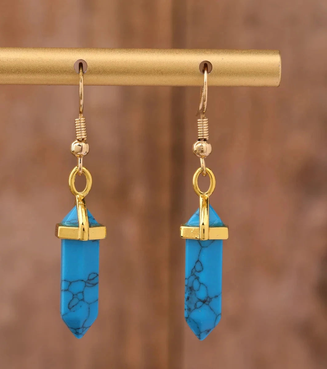 Elegant Women Double Point Gemstone Hook Earring For Women Amethsyt Rose Crystal Point Gold Dangle Earring Fashion Jewelry Gift