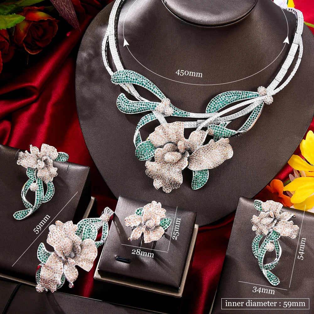 Trendy 4PCS Luxury Green Flower Statement Jewelry Set For Women Wedding Cubic Zircon Indian African Dubai Bridal Necklace