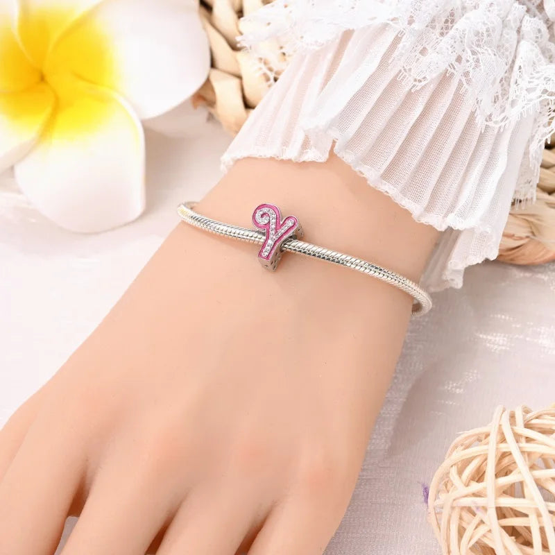 925 Sterling Silver Romantic Pink 26 Letters DIY Love Charms Beads Fit Pandora 925 Original Bracelets Fine Birthday Jewelry Gift