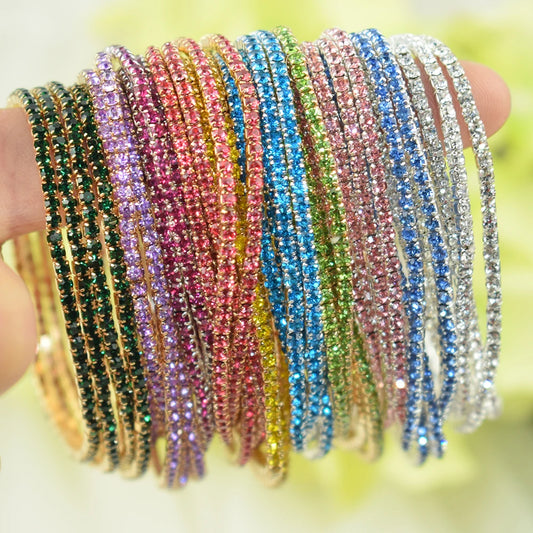 50pcs/Set Fashion Gold Multiple Colour Crystal Rhinestone Elastic Bracelet Bangle Bling Wristband Women Wedding Bridal Jewelry