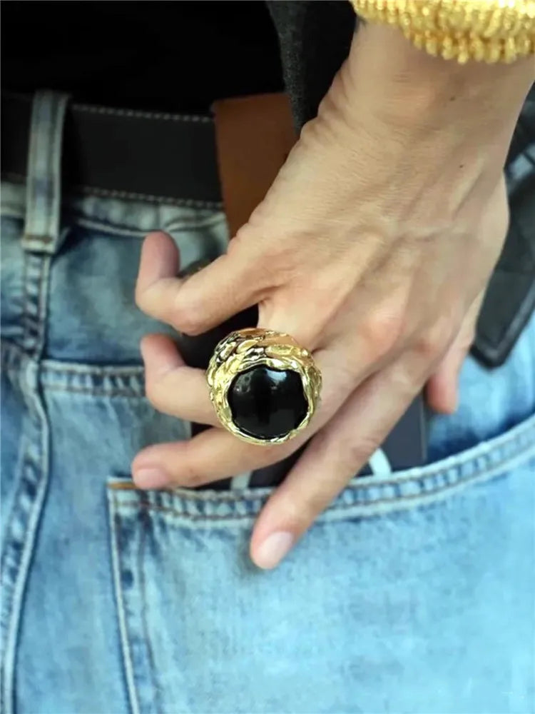 Retro  Agate Natural Stone Crystal Ring Gold Color Metal Open for Women Brass Jewelry 2024 Light Luxury European And American