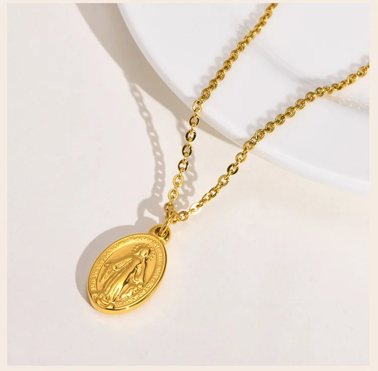 Women Necklace Virgin Mary Guadalupe Charm Pendant, Stainless Steel Jewelry
