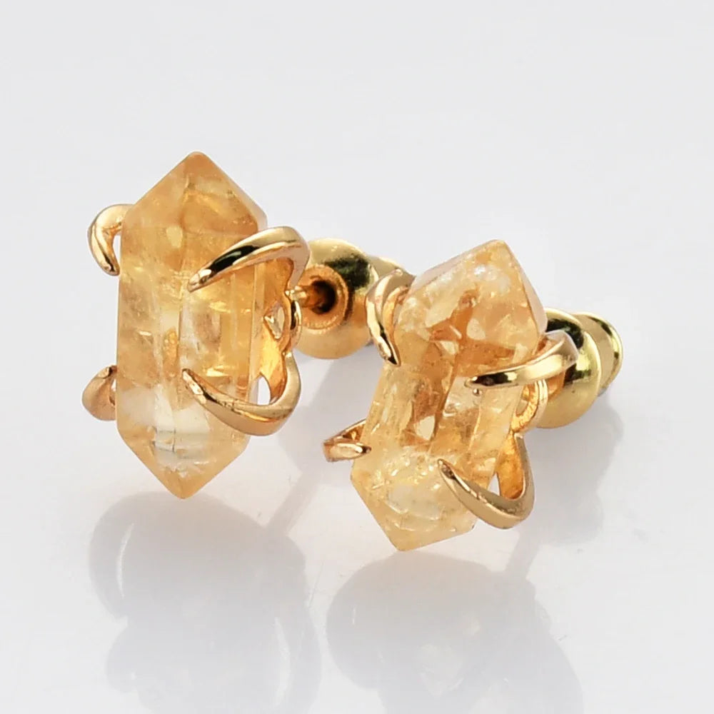 Small Hexagonal Point Claw Stud Earrings Real Natural Stone Bullet Shape Crystal Quartz Earring Healing Jewelry Gifts