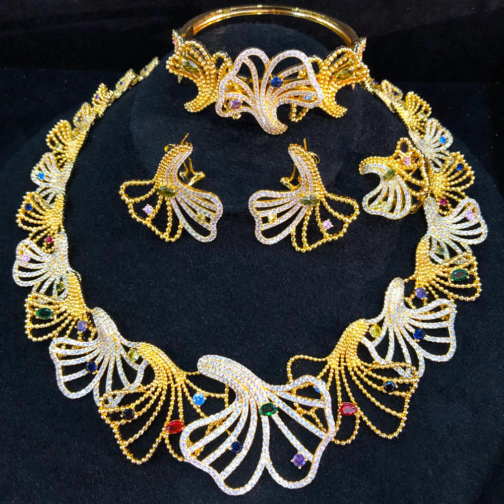 4PCS Leaf Flower Luxury African Jewelry Sets For Women Wedding Party Naija Bride Necklace Dubai Bridal Dress Jewelry