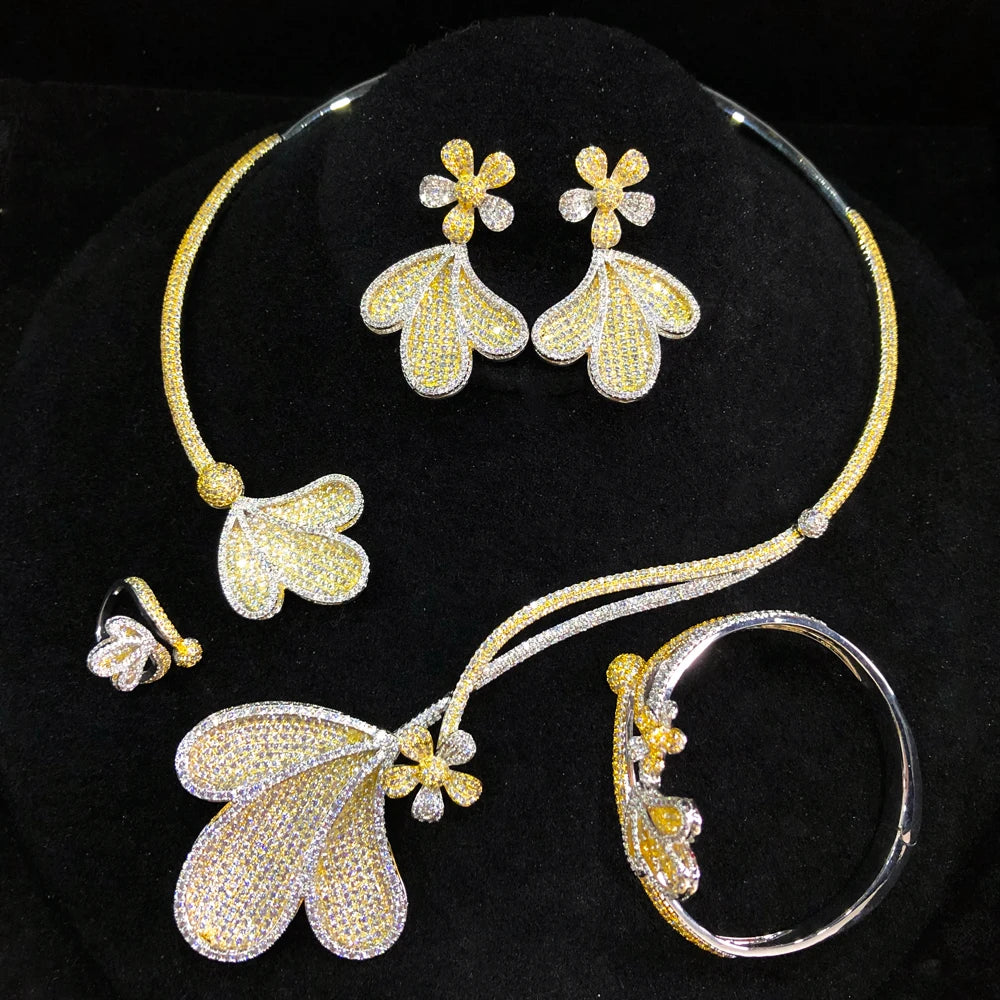 New Luxury Clear CZ 4PCS Necklace Bracelet Earrings Ring Set For Women Wedding Party Costume Bridal Jewelry Sets