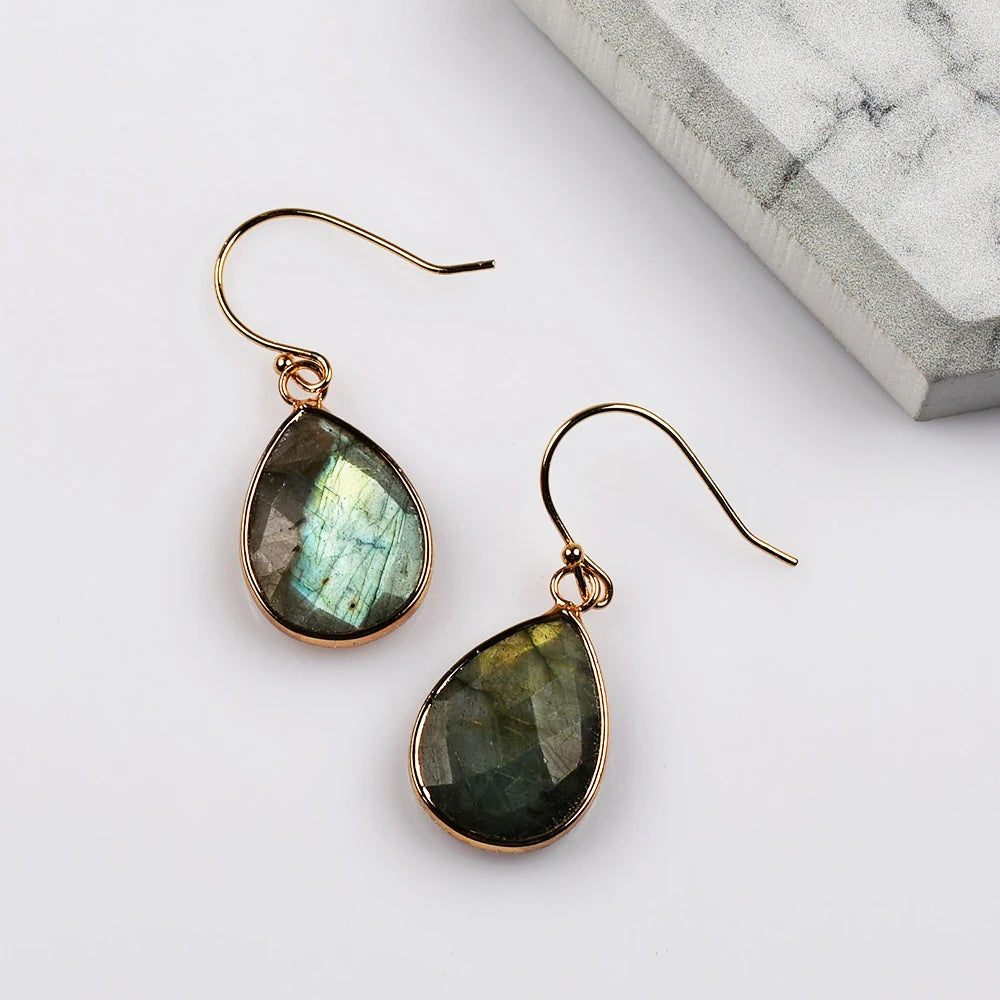 Delicate Water Drop Crystal Labradorite Faceted Charms Dangle Earrings Druzy For Women Girls Wedding Party Jewelry Gifts