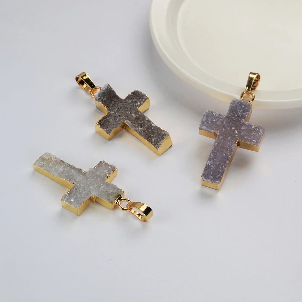 Unique Golden Plated Cross Natural Agate Druzy Pendant Genuine Stone Charms for Women Necklace Jewelry Wedding Gifts