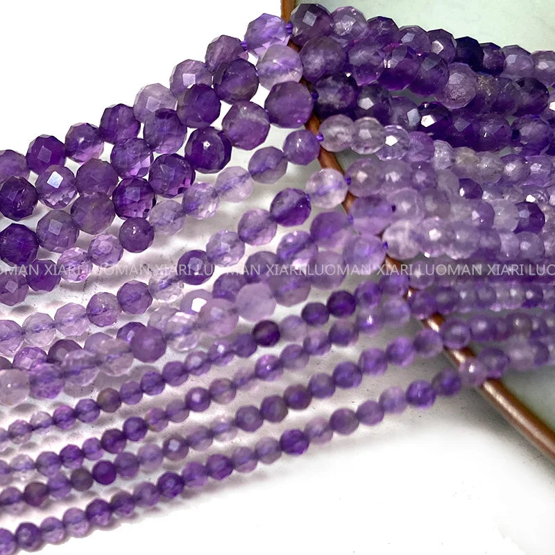 Fine 100% Natural Stone Beads Faceted Amethyst Loose Round Gemstone Crystal For Jewelry Making DIY Bracelet Necklace Charm 2-4mm