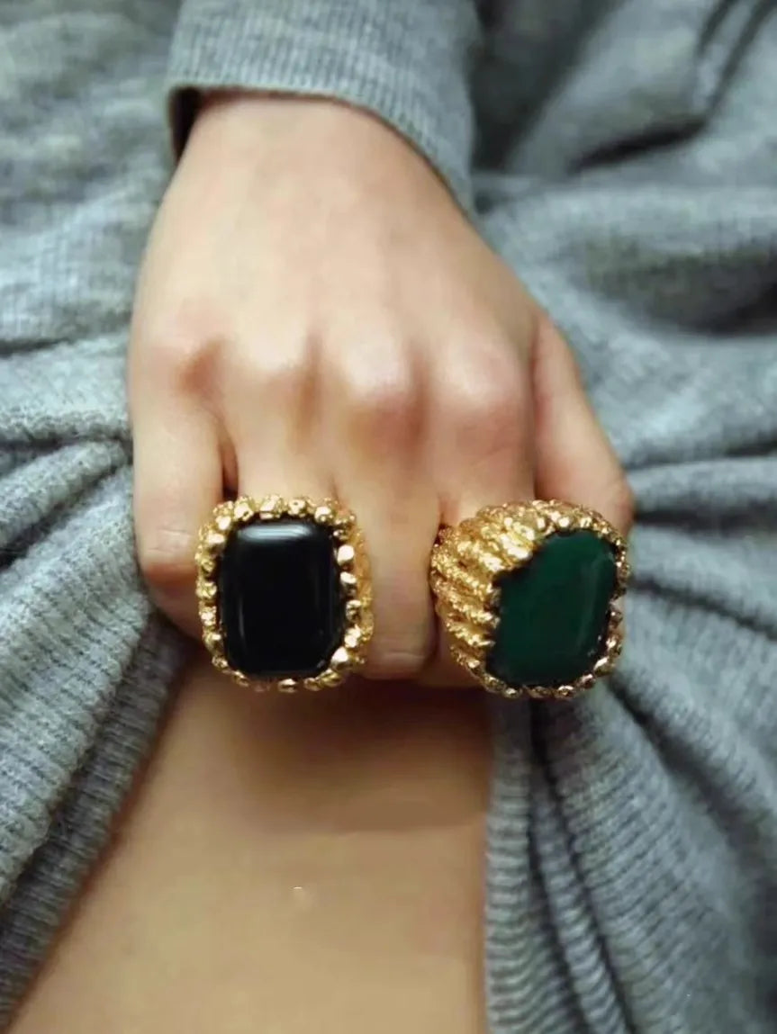 Retro  Agate Natural Stone Crystal Ring Gold Color Metal Open for Women Brass Jewelry 2024 Light Luxury European And American