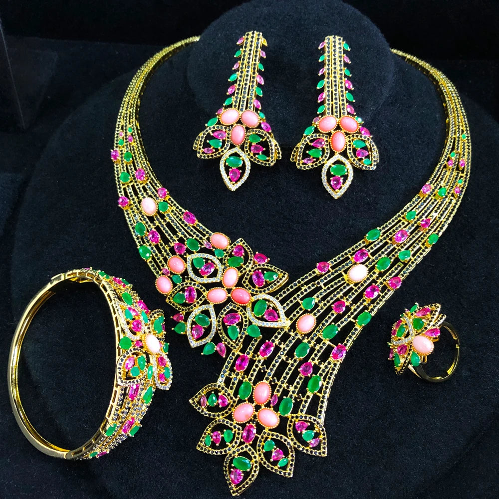 4PCS Pink Coral Luxury African Jewelry Set For Women Wedding Party Zircon Crystal Dubai Bridal Gifts